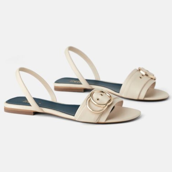 ZARA BLUE COLLECTION 100% LEATHER IVORY GOLD TONE BUCKLE SLIDES SANDALS - Picture 1 of 7